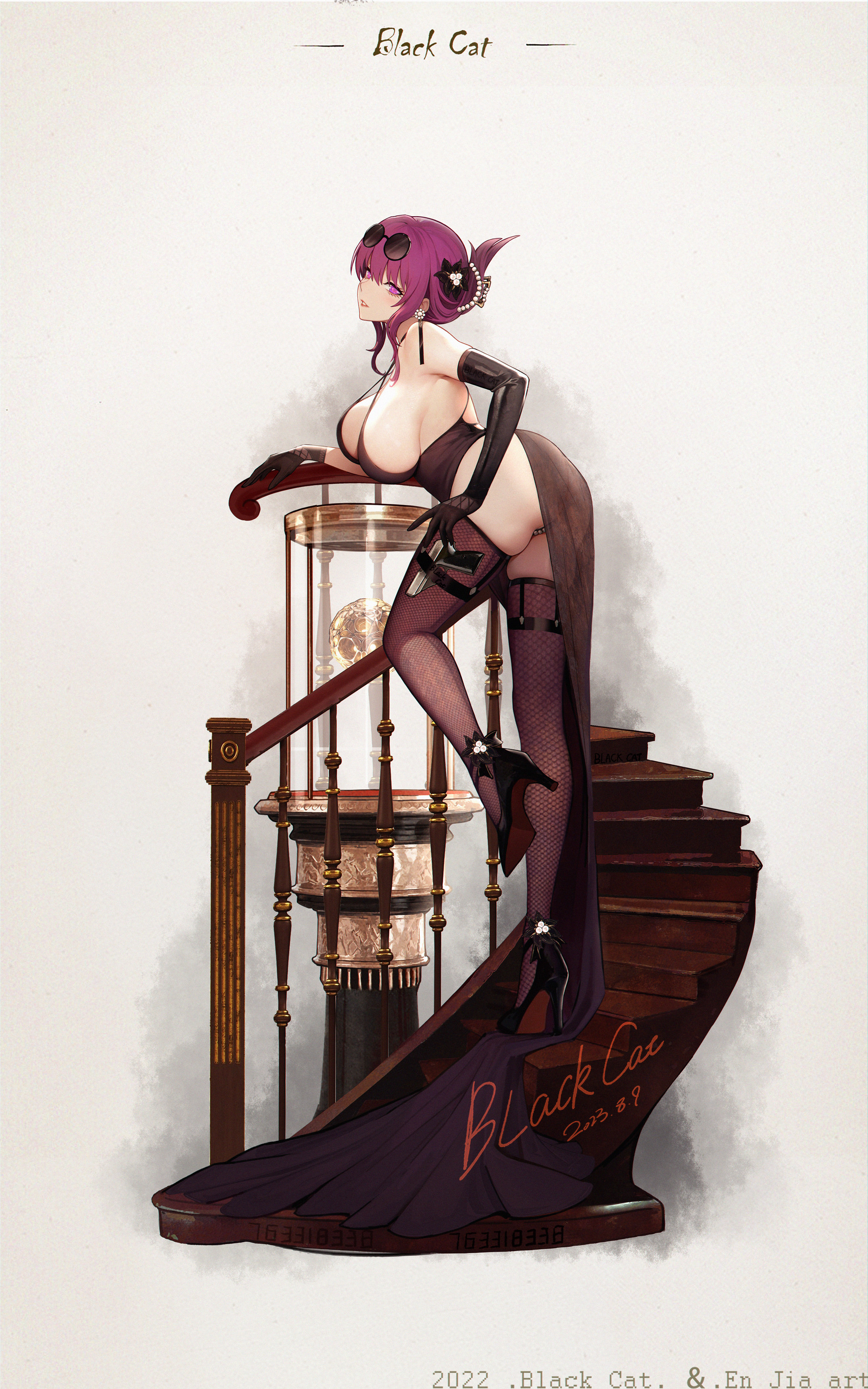 1girl absurdres arm_support ass bare_shoulders black_dress black_flower black_footwear black_gloves blackcat_enjia breasts chinese_commentary commentary dated dress earrings elbow_gloves english_commentary english_text eyewear_on_head fence fishnet_pantyhose fishnets flower from_side gloves gun hair_between_eyes hair_flower hair_ornament high_heels highres honkai:_star_rail honkai_(series) jewelry kafka_(honkai:_star_rail) large_breasts leg_support light_blush lipstick long_hair looking_at_viewer makeup mixed-language_commentary open_clothes open_dress pantyhose parted_lips pearl_thong purple_eyes purple_hair round_eyewear see-through_clothes sideboob sidelocks simple_background single_elbow_glove solo stairs standing standing_on_one_leg sunglasses weapon