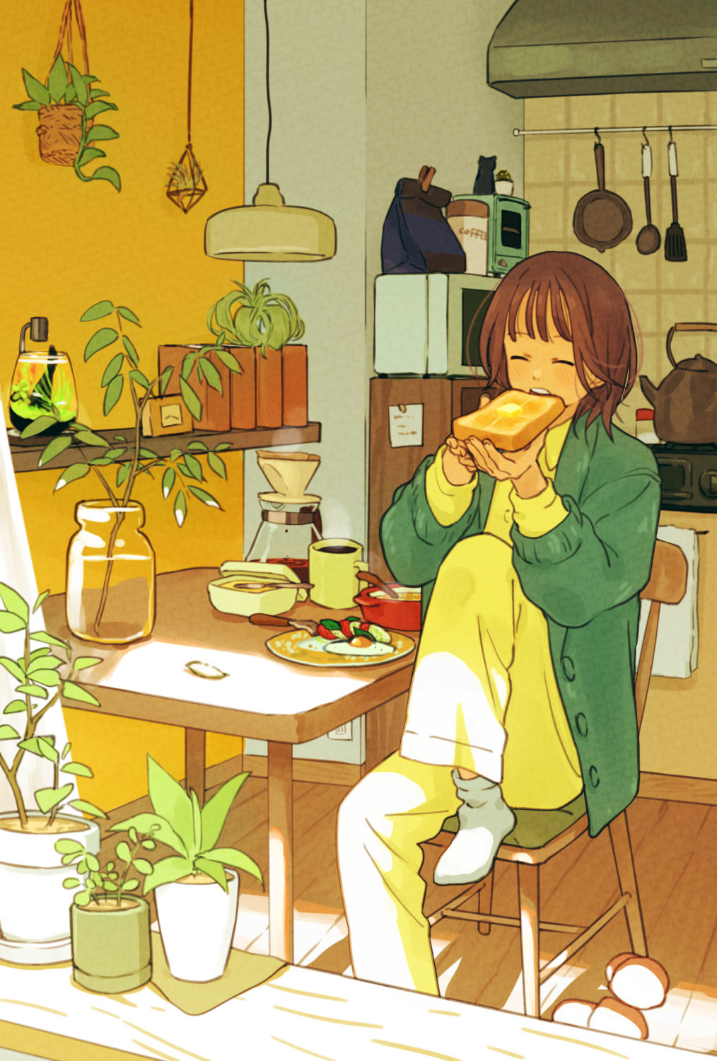 1girl bread bread_slice breakfast chair closed_eyes coffee cup eating flower flower_pot food fried_egg frying_pan highres jar kettle kitchen matsumine_(twin-mix) microwave mug open_mouth original plate sitting slice_of_life sunlight teeth toast upper_teeth_only