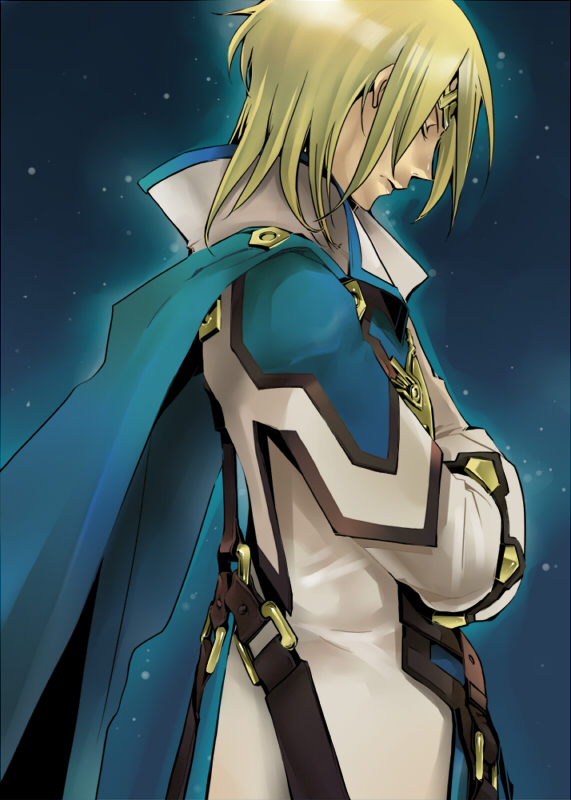 1boy arc_system_works bad_id bad_pixiv_id belt blonde_hair blue_theme cape crossed_arms doxa-hight closed_eyes guilty_gear guilty_gear_2 king ky_kiske male_focus solo