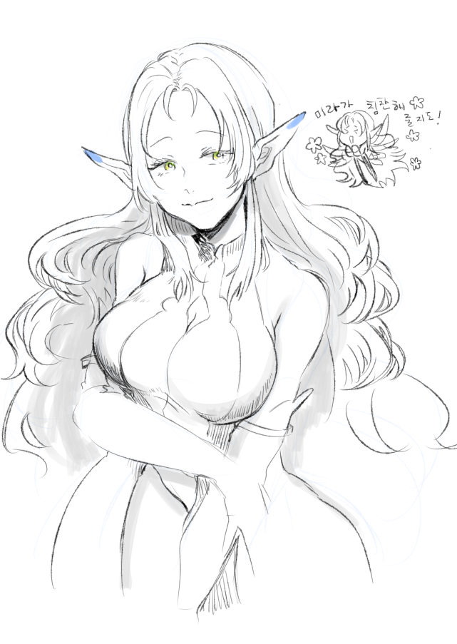 &gt;_&lt; dress elbow_gloves gloves green_eyes long_hair monochrome muzet_(tales) pointy_ears smile tales_of_(series) tales_of_xillia tales_of_xillia_2 wings
