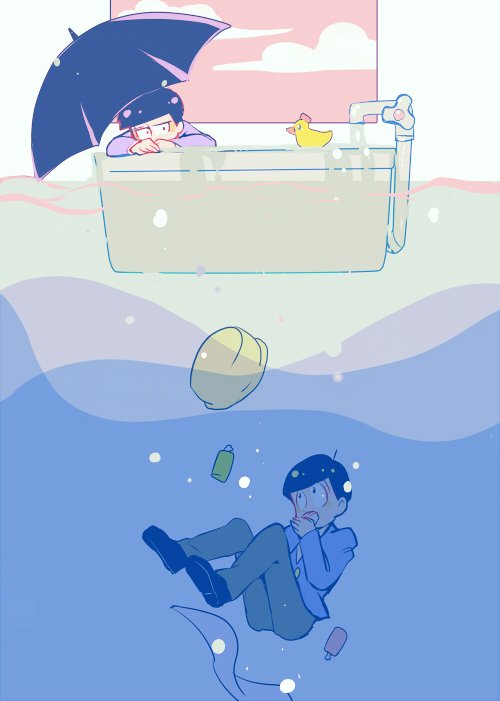 2boys ahoge air_bubble basin bathtub black_footwear black_hair black_umbrella blue_jacket blunt_bangs brothers bubble buttons cloud commentary_request covering_own_mouth dress_pants dress_shoes full_body grey_pants hanada_hyou hood hood_down hoodie jacket long_sleeves male_focus matsuno_ichimatsu matsuno_karamatsu messy_hair multiple_boys one-hour_drawing_challenge osomatsu-san osomatsu_(series) pants partially_submerged pink_sky purple_hoodie rubber_duck shirt short_hair siblings sky soap_bottle sunset towel umbrella underwater v-neck white_shirt window