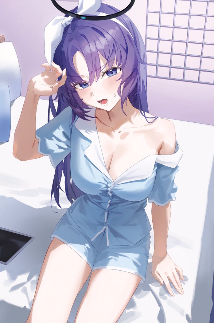 1girl black_halo blue_archive blue_pajamas blue_shorts breasts cleavage collarbone halo hido88 mechanical_halo nightshirt off_shoulder official_alternate_costume pajamas shorts sleepwear solo thighs yuuka_(blue_archive) yuuka_(pajamas)_(blue_archive)