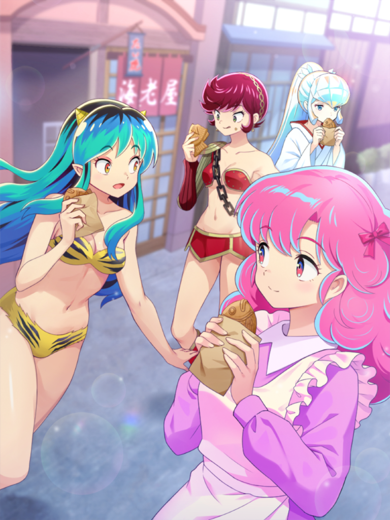 4girls animal_print apron aqua_hair armor benten_(urusei_yatsura) bikini bikini_armor blue_hair bow breasts chain collarbone cone_horns food hair_bow holding holding_food horns long_hair long_sleeves lum maid_apron multiple_girls navel official_art open_mouth orange_eyes oyuki_(urusei_yatsura) pink_bow pink_eyes pink_hair pointy_ears print_bikini ragnador ran_(urusei_yatsura) red_hair short_hair small_breasts strapless strapless_bikini swimsuit taiyaki third-party_source tiger_print urusei_yatsura wagashi white_apron yellow_bikini yellow_horns