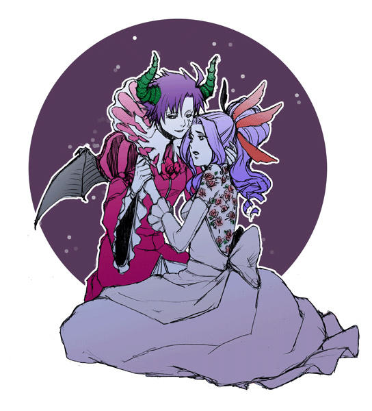 2girls asellus_(saga_frontier) back_bow bat_wings black_sclera bow colored_sclera demon_horns dress facial_scar feather_hair_ornament feathers floral_print gina_(saga_frontier) gloves hair_ornament high_collar high_ponytail holding_hands horns long_hair multiple_girls ponytail purple_hair saga saga_frontier scar scar_on_cheek scar_on_face short_hair simple_background white_gloves wings yukoiuko