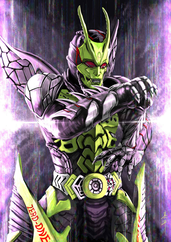 1boy another_rider_(zi-o) another_zero-one antennae armor black_armor black_legwear bug colored_skin creature rider_belt fingernails green_armor grin horns insect_wings kamen_rider kamen_rider:_reiwa_the_first_generation kamen_rider_01_(series) kamen_rider_zi-o_(series) monster red_eyes sharp_fingernails sharp_teeth shinpei_(shimpay) smile spiked_gauntlets teeth wings