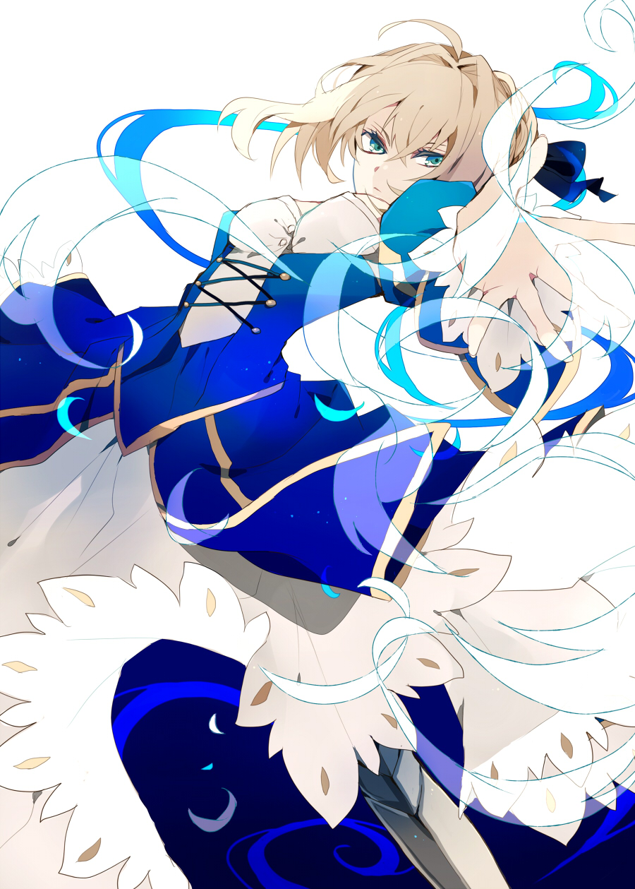 1girl ahoge artoria_pendragon_(fate) bad_id bad_pixiv_id blonde_hair dress excalibur_(fate/stay_night) fate/stay_night fate_(series) female_focus green_eyes highres invisible_air_(fate) saber_(fate) sagatsu_(miicat) satsuki_(miicat) solo wind