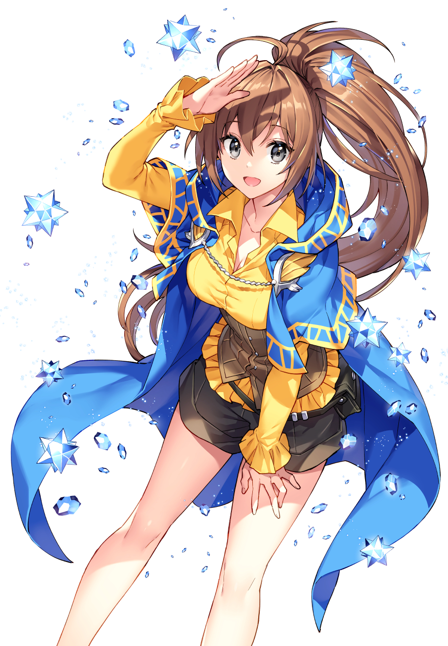 1girl :d ahoge azuma_rin_(isekai_cheat_magician) black_eyes blue_cape breasts brown_hair cape cleavage corset cowboy_shot crystal hand_on_own_thigh highres isekai_cheat_magician leaning_forward long_hair nardack open_mouth ponytail salute shirt simple_background smile solo standing white_background yellow_shirt