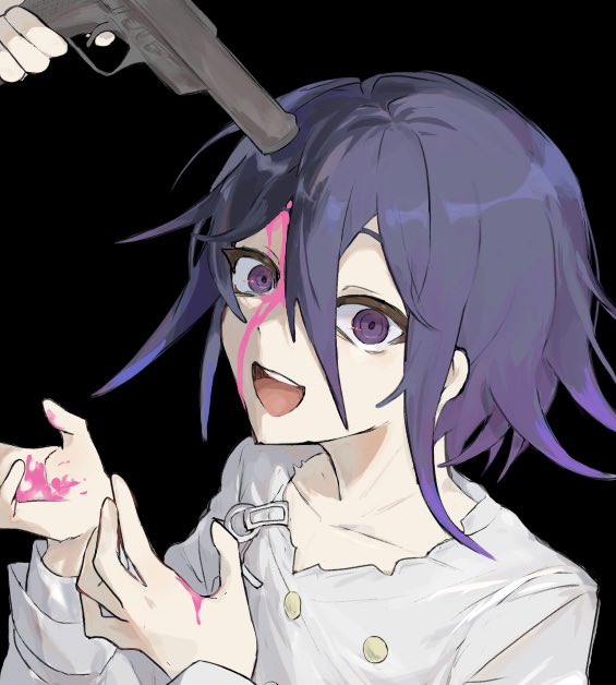 1boy :d aiming black_background blood buttons danganronpa_(series) danganronpa_v3:_killing_harmony double-breasted gun hair_between_eyes handgun holding holding_gun holding_weapon jacket male_focus no_neckwear oma_kokichi open_mouth oron_(orn_lact2) pink_blood purple_eyes simple_background smile solo_focus tongue weapon white_jacket