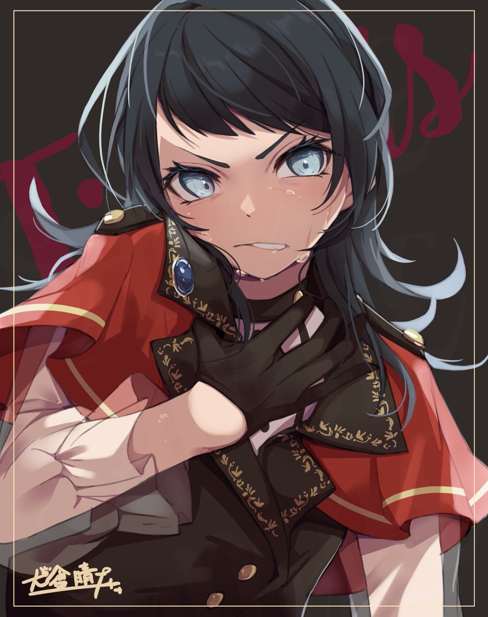1girl bang_dream! bang_dream!_it&#039;s_mygo!!!!! black_gloves black_hair black_vest capelet commentary gloves grey_eyes highres i_haru_illust inset_border medium_hair open_mouth red_capelet shirt signature solo sweat timoris_(bang_dream!) upper_body vest white_shirt yahata_umiri