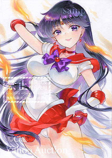 1girl at_classics bishoujo_senshi_sailor_moon black_hair bow choker elbow_gloves gloves hino_rei jewelry long_hair purple_eyes red_sailor_collar red_skirt sailor_collar sailor_mars sailor_senshi_uniform skirt smile solo super_sailor_mars traditional_media very_long_hair white_gloves