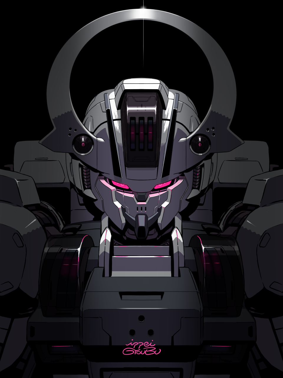 artist_name black_background glowing glowing_eyes gundam gundam_schwarzette gundam_suisei_no_majo gyoubu_ippei highres looking_at_viewer mecha mobile_suit no_humans pink_eyes portrait robot science_fiction simple_background solo straight-on