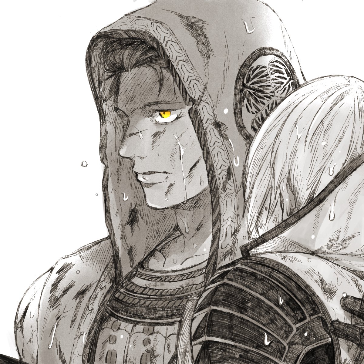 2boys carrying carrying_person frown greyscale highres hood hood_up ishida_mitsunari_(sengoku_basara) makaron611 male_focus monochrome multiple_boys portrait sengoku_basara short_hair simple_background spot_color tokugawa_ieyasu_(sengoku_basara) wet white_background yellow_eyes