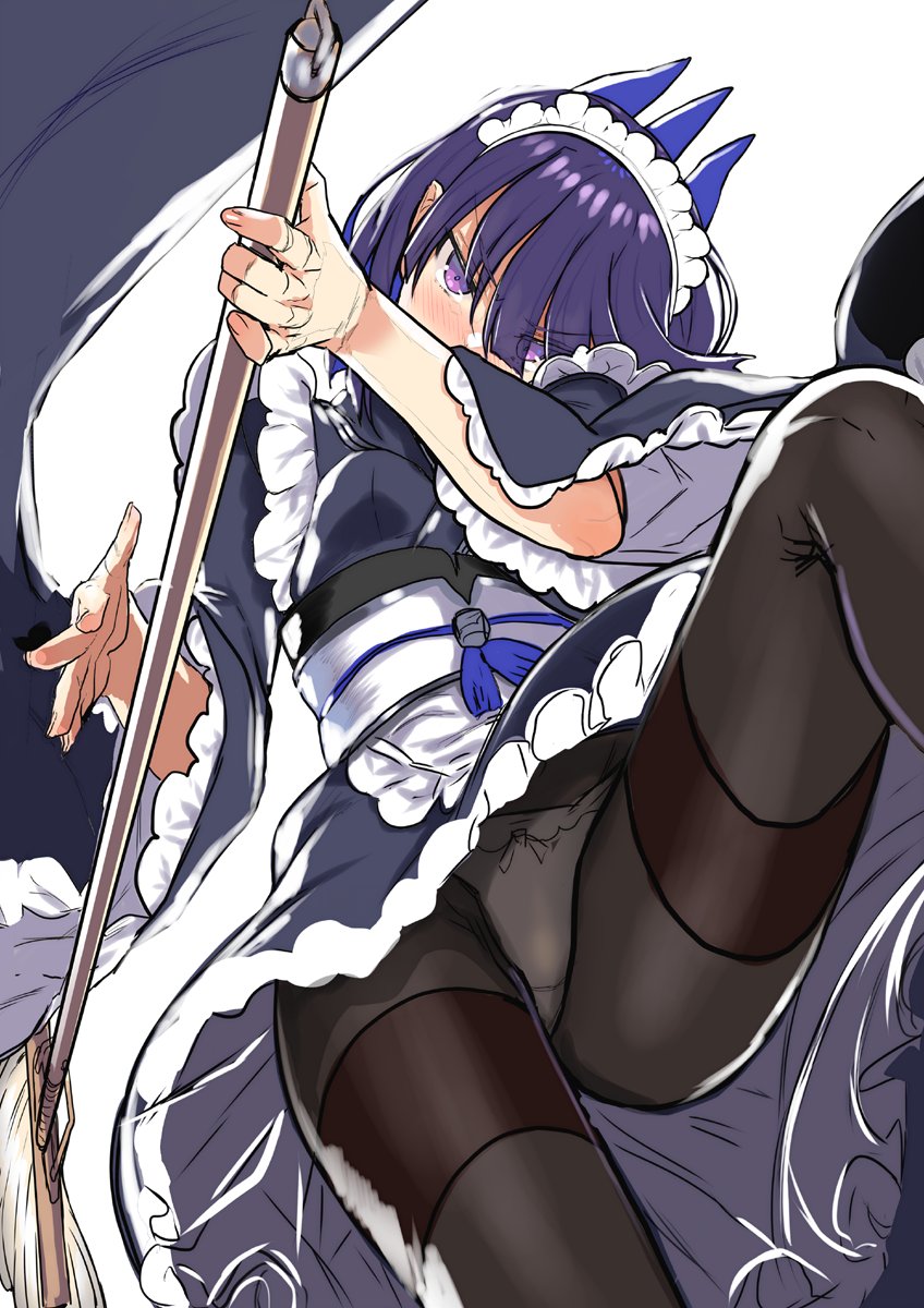 1girl black_panties black_pantyhose blush bow bow_panties broom char eyes_visible_through_hair fingernails frills highres holding holding_broom horns long_sleeves maid maid_headdress multiple_horns original panties pantyhose pantyshot purple_eyes purple_hair solo underwear wa_maid wide_sleeves