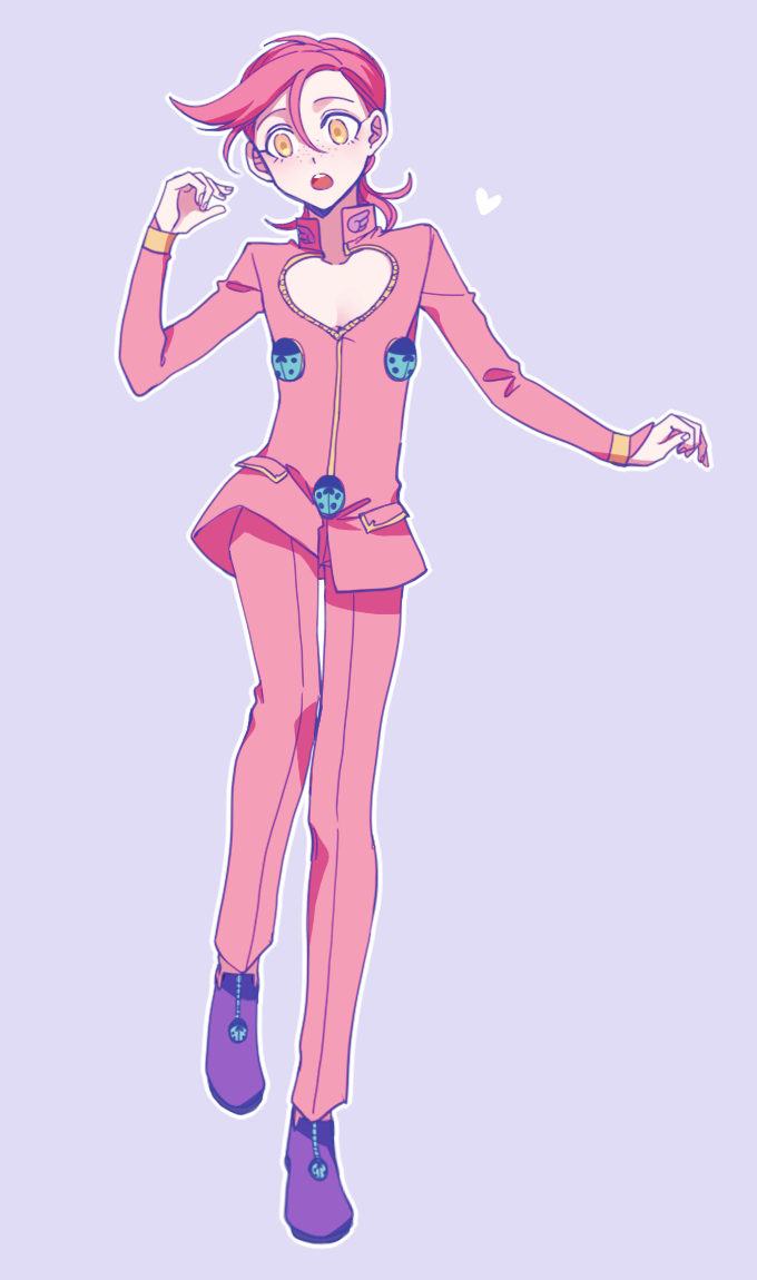 1boy anime_coloring breasts bug chest_cutout cleavage cleavage_cutout clothing_cutout cosplay freckles full_body giorno_giovanna giorno_giovanna_(cosplay) insect jojo_no_kimyou_na_bouken ladybug male_focus pink_hair purple_background sempon_(doppio_note) solo standing vento_aureo vinegar_doppio