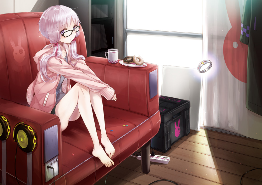 1girl ayakura_juu backlighting barefoot bracelet commentary_request couch cup donut drink feet_on_chair floating floating_object food glasses indoors jewelry legs looking_at_viewer mug power_strip purple_eyes purple_hair short_hair_with_long_locks sitting solo textless_version vocaloid voiceroid window wooden_floor yuzuki_yukari yuzuki_yukari_(lin) yuzuki_yukari_(onn) yuzuki_yukari_(vocaloid4)