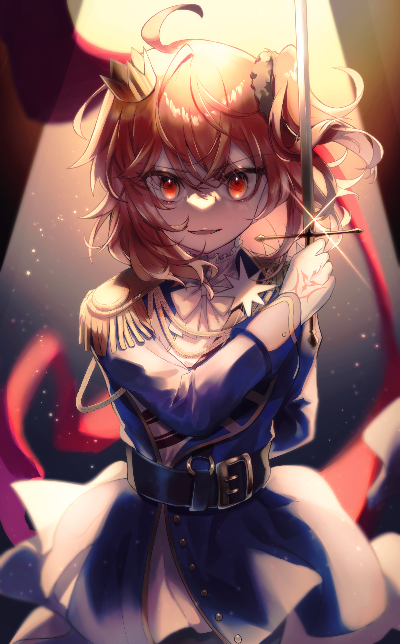 1girl ahoge aiguillette arm_behind_back backlighting belt belt_buckle black_belt blue_jacket blue_skirt buckle command_spell commentary_request crown epaulettes fate/grand_order fate_(series) fujimaru_ritsuka_(female) fujimaru_ritsuka_(female)_(halloween_royalty) highres holding holding_sword holding_weapon jacket looking_at_viewer mini_crown mipi official_alternate_costume open_mouth orange_eyes orange_hair rapier shirt short_hair side_ponytail sidelocks skirt smile solo sparkle sword upper_body weapon white_shirt