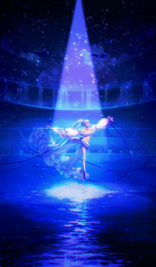 1girl absurdly_long_hair bare_shoulders bikini bikini_skirt blue_background blue_choker blue_ribbon bubble choker commentary fate/grand_order fate_(series) frilled_sleeves frills from_side full_body hair_ribbon high_ponytail leg_up long_hair long_sidelocks long_skirt long_sleeves meltryllis meltryllis_(fate) meltryllis_(swimsuit_lancer)_(fate) meltryllis_(swimsuit_lancer)_(third_ascension)_(fate) moryo off-shoulder_bikini off_shoulder official_art outstretched_arms ponytail puffy_long_sleeves puffy_sleeves purple_hair ribbon ripples ruffle_bikini showgirl_skirt sidelocks skirt sleeve_ribbon sleeves_past_fingers sleeves_past_wrists solo spotlight stadium standing standing_on_liquid standing_on_one_leg swimsuit third-party_source very_long_hair water