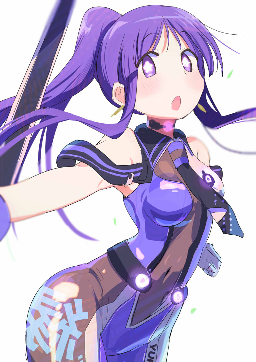 1girl black_necktie cowboy_shot hinata_yukari looking_at_viewer necktie open_mouth ponytail purple_eyes purple_hair solo star-shaped_pupils star_(symbol) symbol-shaped_pupils tagme tatsunokosso white_background yuyushiki
