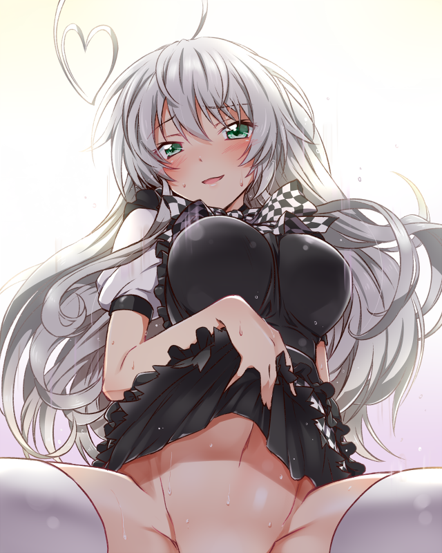 1girl ahoge apron black_apron bloom bow bowtie breasts checkered_bow checkered_bowtie checkered_clothes clothes_lift commentary floating_hair frilled_apron frills from_below green_eyes grey_hair groin haiyore!_nyaruko-san heart heart_ahoge huge_ahoge implied_sex large_breasts lifting_own_clothes long_hair looking_at_viewer motion_lines navel nyarlathotep_(nyaruko-san) open_mouth out-of-frame_censoring pov puffy_short_sleeves puffy_sleeves ribbon shirt short_sleeves sidelocks simple_background skirt skirt_lift smile solo spread_legs sweat very_long_hair white_background white_ribbon white_shirt yuto_(dialique)