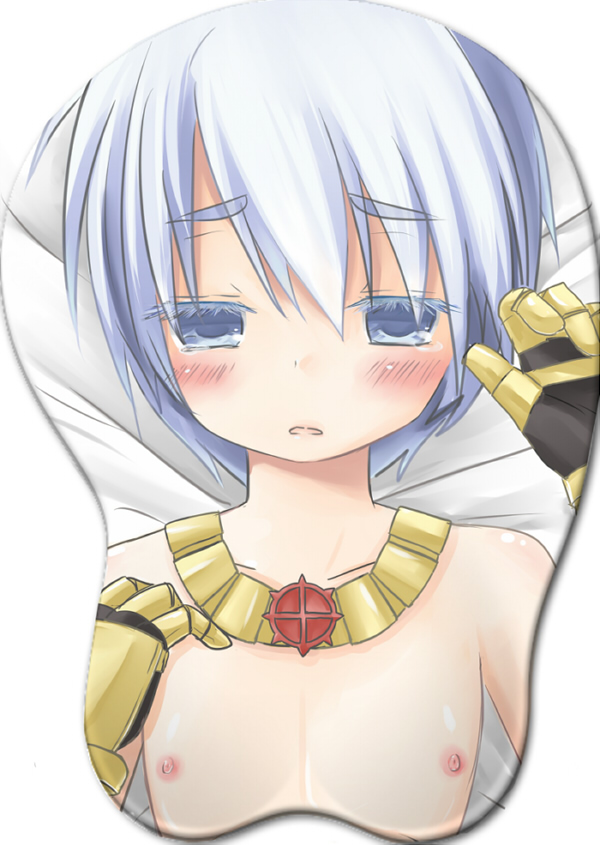 1boy black_gloves blush colored_eyelashes commentary_request cross cross_necklace cross_of_prontera gauntlets gloves grey_eyes grey_hair hair_between_eyes jewelry looking_at_viewer male_focus mousepad_(medium) necklace nipples open_mouth ragnarok_online short_hair solo sura_(ragnarok_online) topless_male upper_body yoru_nagatsuki