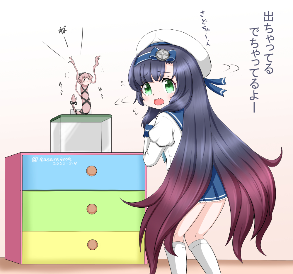 1girl black_hair blue_sailor_collar blue_skirt box chest_of_drawers commentary_request drawer feet_out_of_frame gloves gradient_hair green_eyes hat kantai_collection kneehighs long_hair long_sleeves masara_(chuujou) matsuwa_(kancolle) multicolored_hair pink_hair pleated_skirt purple_hair sailor_collar sailor_hat school_uniform serafuku skirt snake socks translation_request wavy_mouth white_gloves white_socks yura_(kancolle) yura_(snake)