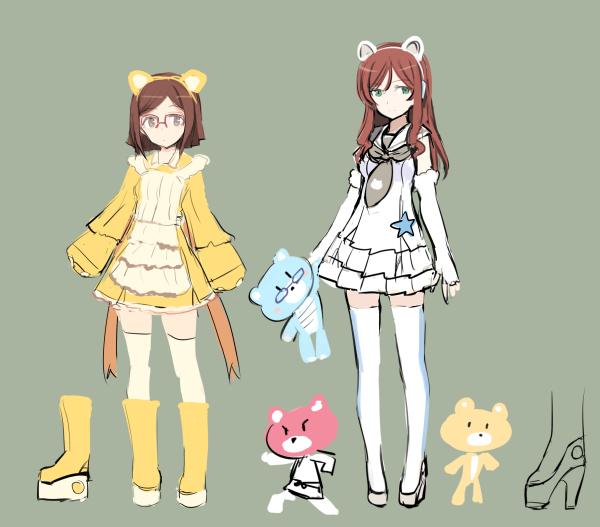 10s 2girls animal_ears bear bear_ears beargguy_f beargguy_iii brown_eyes brown_hair fake_animal_ears glasses green_eyes gundam gundam_build_fighters gundam_build_fighters_try high_heels hoshino_fumina kamiki_mirai kamiki_sekai kousaka_china kousaka_yuuma multiple_girls red-framed_eyewear shimada_fumikane thighhighs zettai_ryouiki