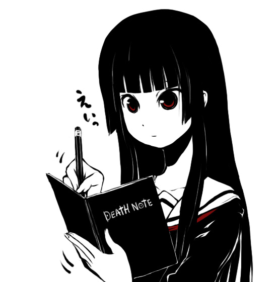 1girl black_hair black_serafuku blunt_bangs closed_mouth death_note death_note_(object) enma_ai hime_cut holding holding_notebook holding_pencil jigoku_shoujo long_hair monochrome notebook parody pencil red_eyes sailor_collar school_uniform serafuku simple_background solo spot_color tansan_otoko upper_body white_background writing