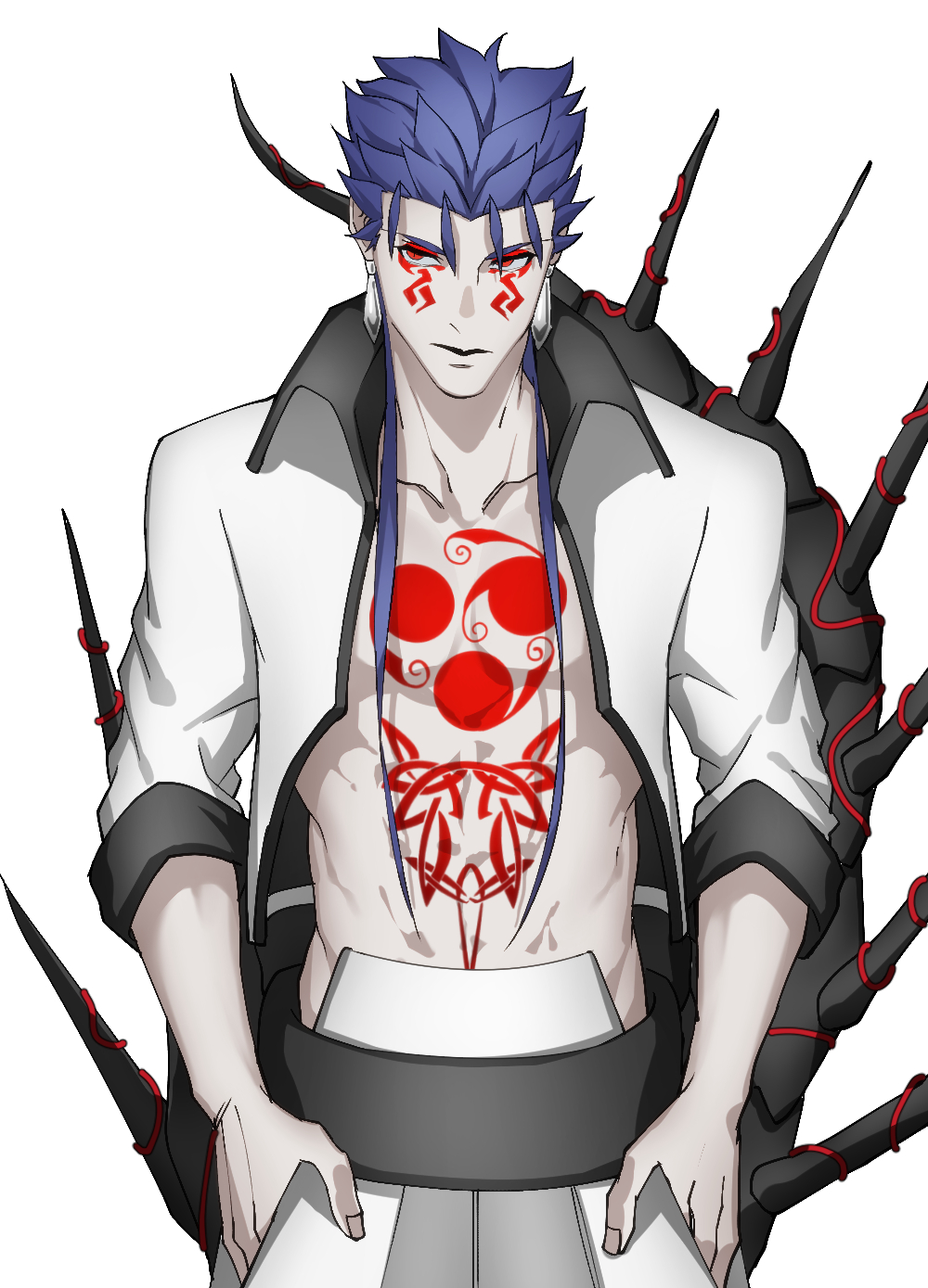 1boy blue_hair chest_tattoo commentary_request cu_chulainn_(fate) cu_chulainn_alter_(fate) earrings eyeliner facial_tattoo fate/grand_order fate_(series) hands_in_pockets highres jewelry long_hair makeup male_focus no_shirt pale_skin red_eyeliner red_eyes sleeves_rolled_up solo spiked_tail stomach_tattoo tail tattoo upper_body white-framed_eyewear yanoooh