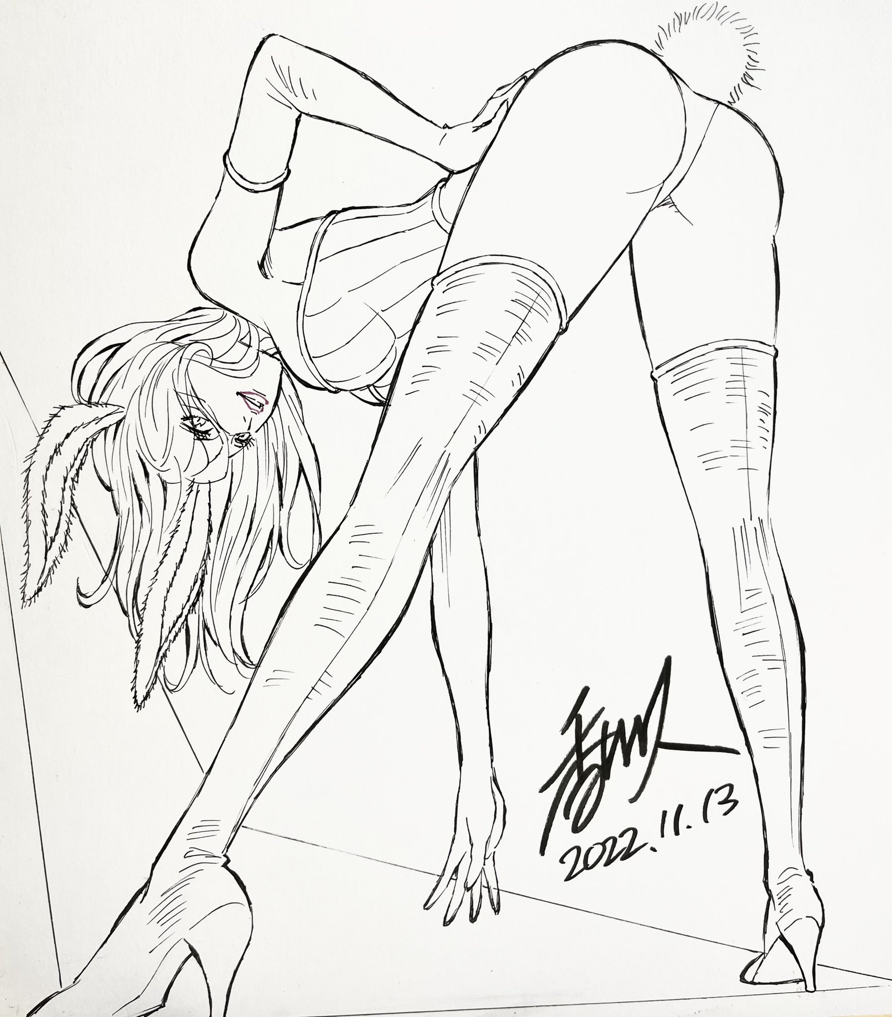 artist_name ass black_and_white hand_drawn high_heels highres kagawa_hisashi looking_down panties rabbit_ears rabbit_tail underwear