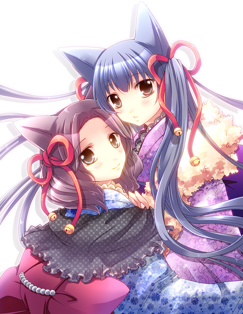 2girls bell blue_hair blush hair_ornament jingle_bell long_hair multiple_girls open_mouth otome_youkai_zakuro purple_hair shinolion smile susukihotaru takitsume_shino zakuro zakuro_(otome_youkai_zakuro)