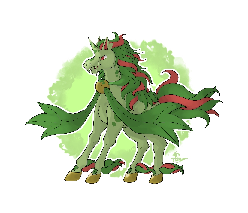 animal_focus artist_name carnivine full_body fusion gen_1_pokemon gen_4_pokemon green_background green_hair long_hair looking_to_the_side multicolored_hair nintendo no_humans open_mouth outline pokemon pokemon_(creature) rapidash red_eyes red_hair s_(esumi_kihomaru) signature solo standing two-tone_hair unicorn white_outline