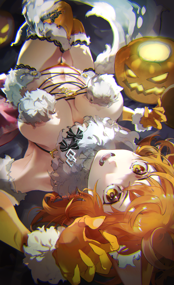 1girl ahoge animal_ears bare_shoulders bow breasts cleavage commentary cosplay elbow_gloves fate/grand_order fate_(series) fujimaru_ritsuka_(female) fur-trimmed_gloves fur-trimmed_legwear fur_collar fur_trim gloves hanako_(onikutabetaiyo) jack-o&#039;-lantern lace lace-trimmed_legwear lace_trim large_breasts looking_at_viewer lying mash_kyrielight mash_kyrielight_(dangerous_beast) mash_kyrielight_(dangerous_beast)_(cosplay) navel o-ring on_back one_side_up open_mouth orange_eyes orange_gloves orange_hair orange_panties orange_thighhighs panties pumpkin revealing_clothes short_hair solo tail thighhighs underwear wolf_ears wolf_tail