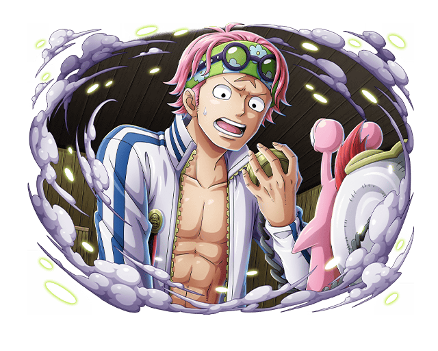 1boy abs collarbone commentary den_den_mushi english_commentary glasses headband holding holding_phone koby_(one_piece) long_sleeves male_focus marine_uniform_(one_piece) official_art one_piece one_piece_treasure_cruise open_clothes open_mouth phone pink_hair short_hair sweatdrop talking_on_phone teeth toned toned_male