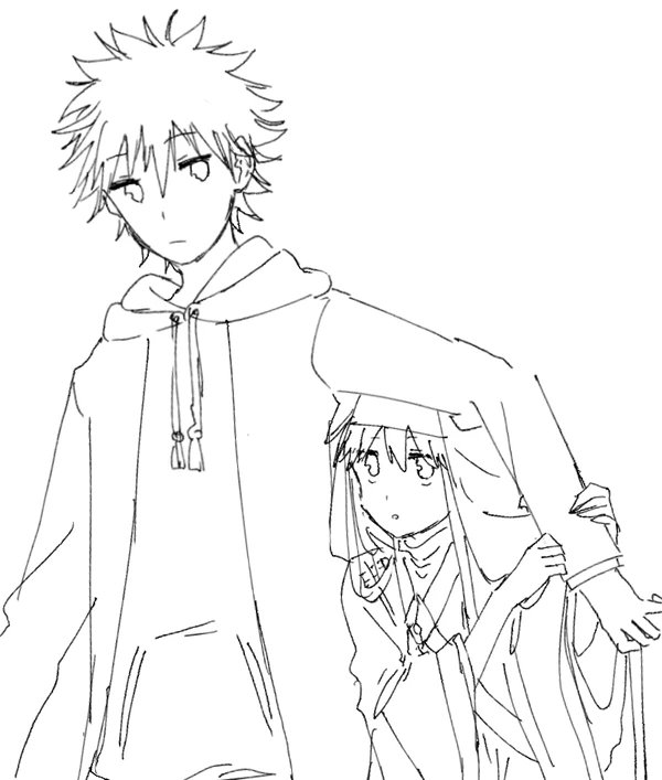 1boy 1girl a_certain_high_school_uniform habit imagine_breaker index_(toaru_majutsu_no_index) kamijou_touma long_hair monochrome nmdsk nmdsk nun safety_pin school_uniform short_hair spiked_hair toaru_majutsu_no_index