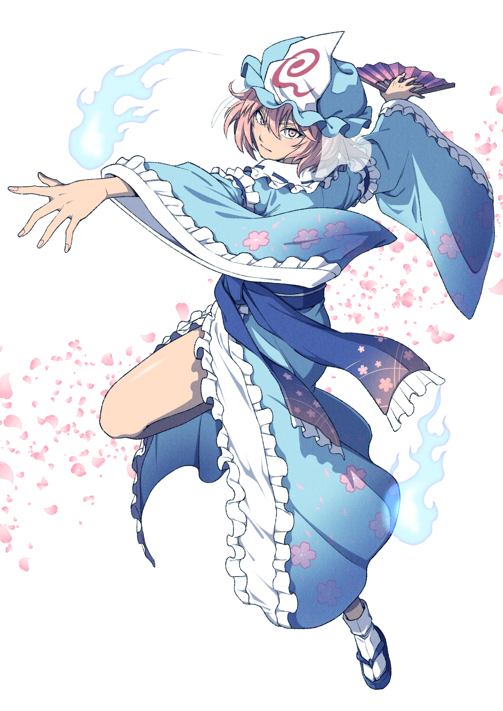 1girl blue_hat blue_kimono blue_sandals blue_sash center_frills closed_mouth commentary_request frilled_sash frilled_shirt_collar frills full_body hair_between_eyes hand_fan hat highres hitodama holding holding_fan inuno_rakugaki japanese_clothes kimono leg_up long_sleeves looking_at_viewer mob_cap outstretched_arms petals pink_eyes pink_hair ribbon-trimmed_collar ribbon_trim saigyouji_yuyuko sandals sash short_hair simple_background socks solo tabi touhou triangular_headpiece white_background white_socks wide_sleeves