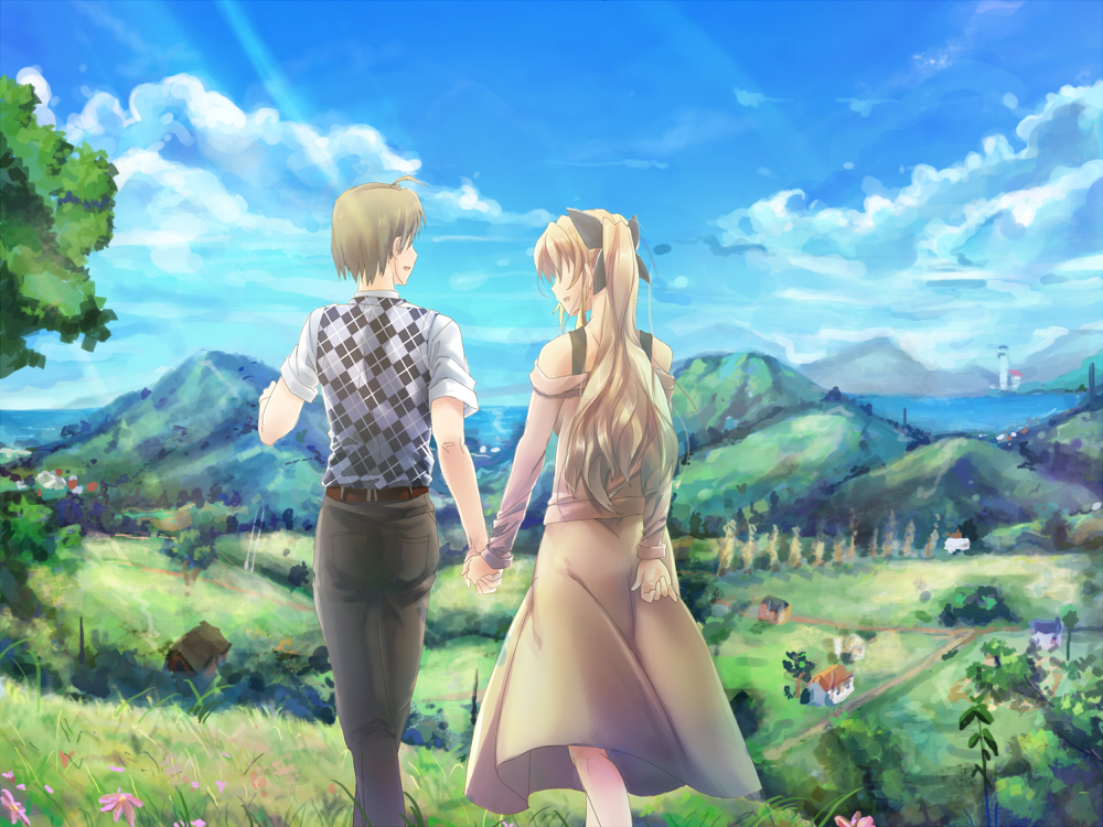 1boy 1girl ahoge argyle_clothes argyle_sweater_vest artist_request belt black_bow blue_sky bow brown_belt brown_hair cloud from_behind game_cg grass hair_bow hill holding_hands house katawa_shoujo long_sleeves nakai_hisao non-web_source open_mouth outdoors pants pink_shirt pink_skirt satou_lilly shirt short_hair short_sleeves skirt sky smile standing sunlight sweater_vest tree water white_shirt