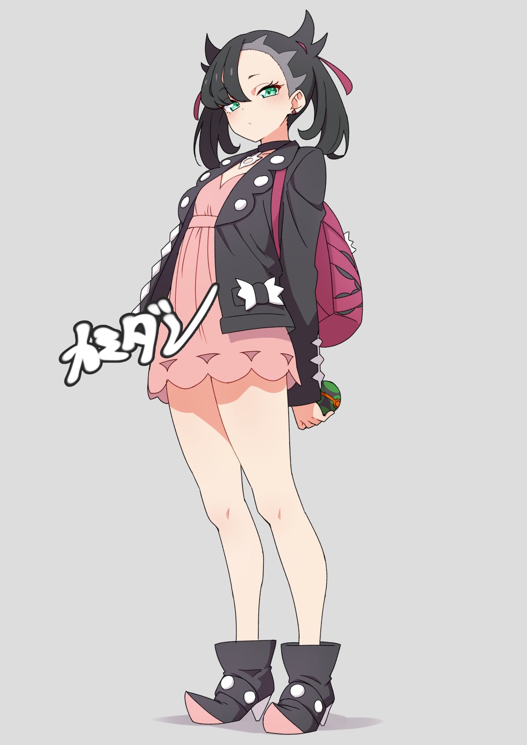 1girl black_choker black_hair black_jacket blush camisole choker closed_mouth dusk_ball full_body green_eyes grey_background highres holding holding_poke_ball jacket kamidan leather leather_jacket looking_at_viewer marnie_(pokemon) medium_hair nintendo pink_camisole poke_ball pokemon pokemon_swsh shoes solo twintails