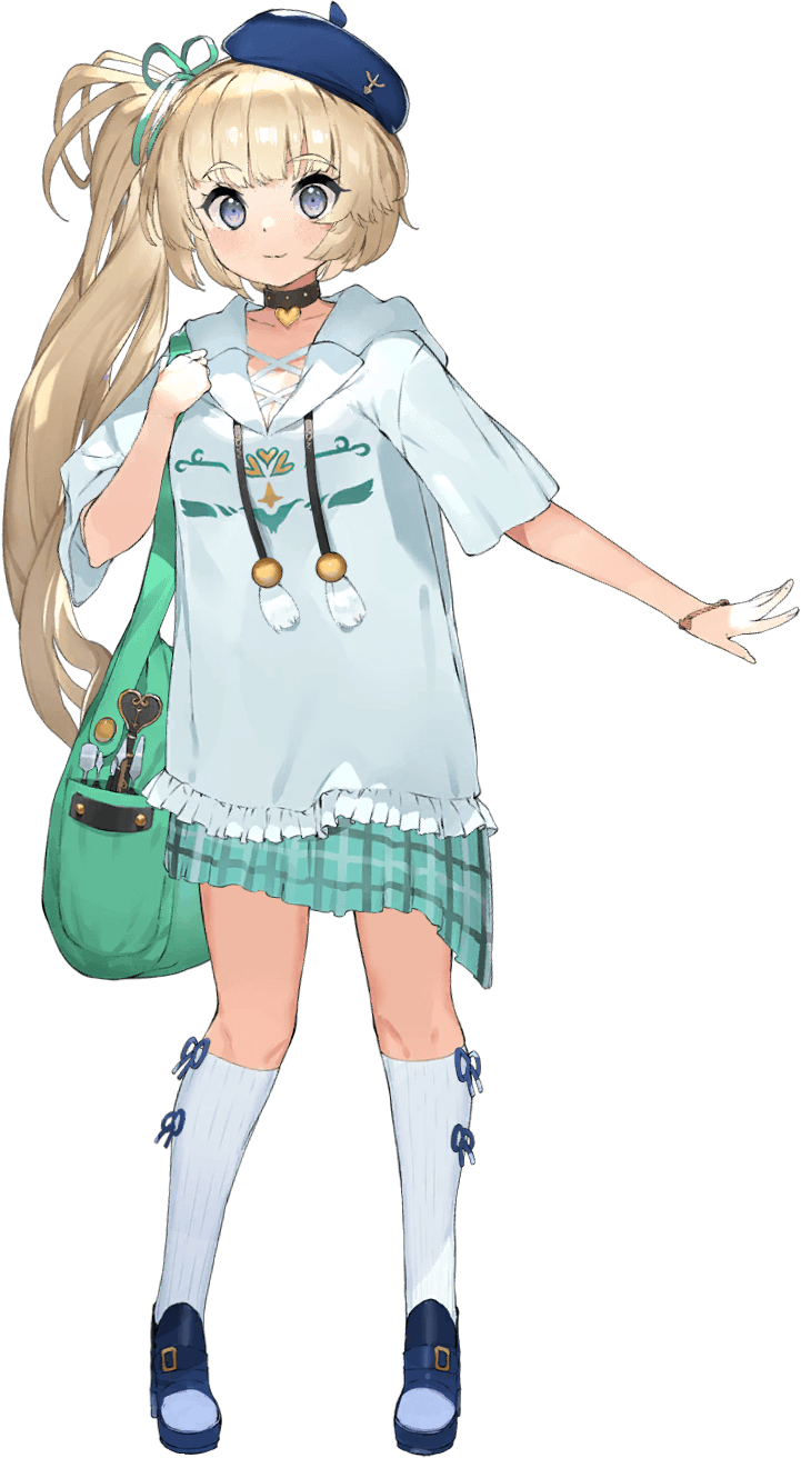 1girl bag blonde_hair blue_hat blue_sandals blush breasts closed_mouth dart frills full_body girls_creation hair_ribbon hat highres holding hood hoodie large_breasts long_hair looking_at_viewer manet_(girls_creation) miniskirt nauribon purple_eyes ribbon sandals short_sleeves shoulder_bag side_ponytail simple_background skirt smile socks solo standing tareme thighhighs thighs transparent_background white_socks zettai_ryouiki
