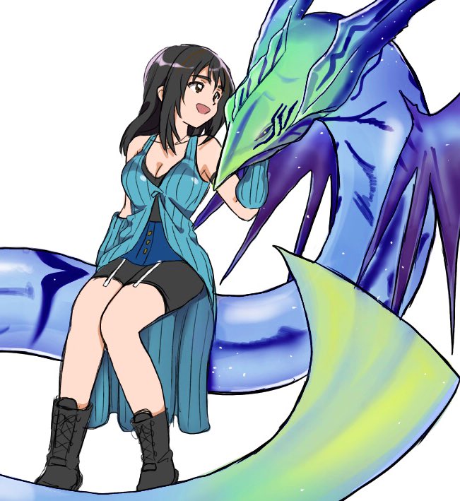 1girl arm_warmers bike_shorts black_hair breasts cleavage final_fantasy final_fantasy_viii full_body jewelry leviathan_(final_fantasy) long_hair open_mouth pandaneko rinoa_heartilly simple_background sleeveless sleeveless_duster smile solo undershirt