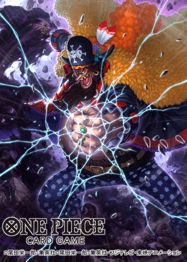 1boy beard black_coat black_hair black_pants body_hair cape coat dark-skinned_male dark_skin earrings facial_hair fur_cape hat jewelry long_nose male_focus marshall_d._teach missing_tooth official_art one_piece one_piece_card_game pants pirate_hat print_pants ring skull_and_crossbones skull_print solo tatsuya_(atelier_road)