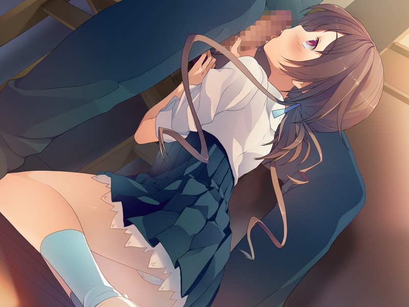 10s 1girl akinashi_yuu aomi_isara blush brown_hair censored game_cg kneeling koi_to_senkyo_to_chocolate legs licking long_hair looking_up oral penis pink_eyes ponytail school_uniform sitting skirt socks thighs
