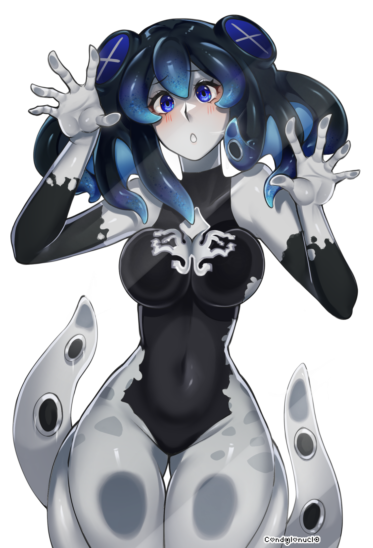 1girl against_glass blue_eyes bodypaint breasts cleavage cleavage_cutout clothing_cutout colored_skin commission commissioner_upload condylonucla grey_skin highres looking_at_viewer medium_breasts monster_girl original phyluma_(teuthidan) scylla solo tentacle_hair tentacles