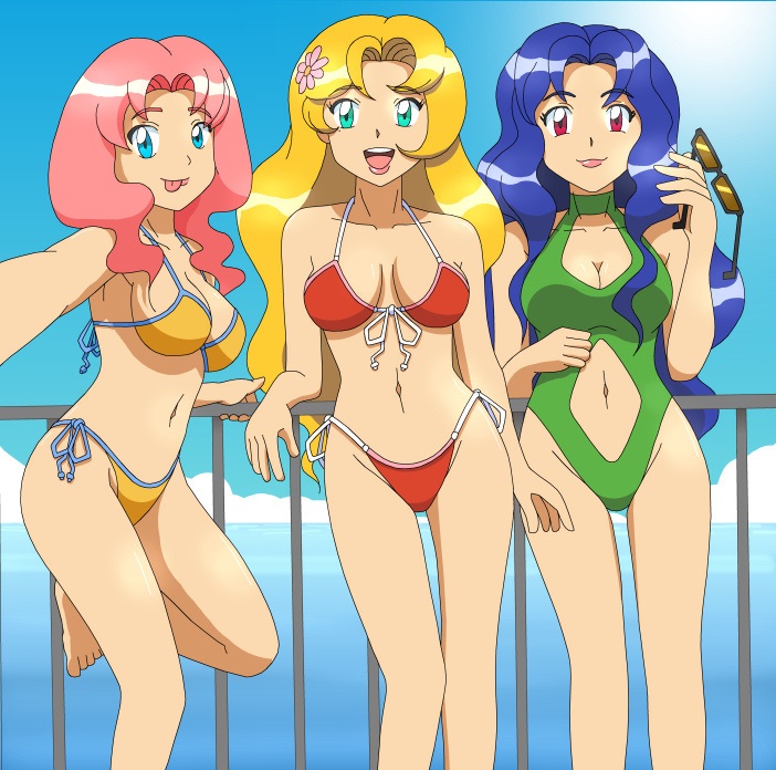 3girls bikini blonde_hair blue_eyes blue_hair daisy_(pokemon) dark_blue_hair flower flower_on_head green_bikini green_eyes james_donaldson lily_(pokemon) lipstick looking_at_viewer makeup multiple_girls nintendo ocean pink_hair pokemon pokemon_(anime) pokemon_(classic_anime) railing red_bikini red_eyes smile sunglasses swimsuit tongue tongue_out violet_(pokemon) yellow_bikini