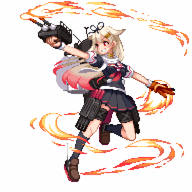 10s 1girl black_ribbon black_serafuku black_shirt black_skirt black_socks blonde_hair breasts brown_shoes female_focus fire full_body gradient_hair grin hair_between_eyes hair_flaps hair_ornament hair_ribbon hairclip kantai_collection kneehighs leg_up loafers long_hair looking_away looking_to_the_side lowres medium_breasts miniskirt multicolored_hair pixel_art pleated_skirt red_hair ribbon scarf school_uniform serafuku ship_turret shirokuro_(oyaji) shirt shoes short_sleeves simple_background skirt smile socks solo standing standing_on_one_leg thigh_strap tiptoes white_background white_scarf yuudachi_(kancolle) yuudachi_kai_ni_(kancolle)