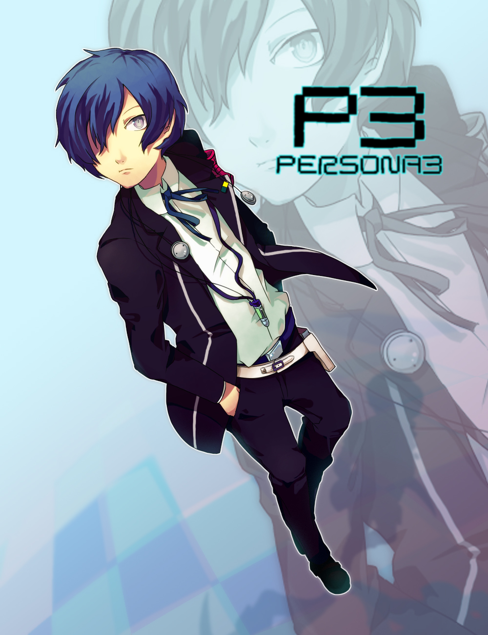 armband atlus bad_id bad_pixiv_id blue_hair crossdraw_holster digital_media_player earphones gun gun_holster highres holster male_focus persona persona_3 school_uniform solo sunplus weapon yuuki_makoto_(persona_3) zoom_layer