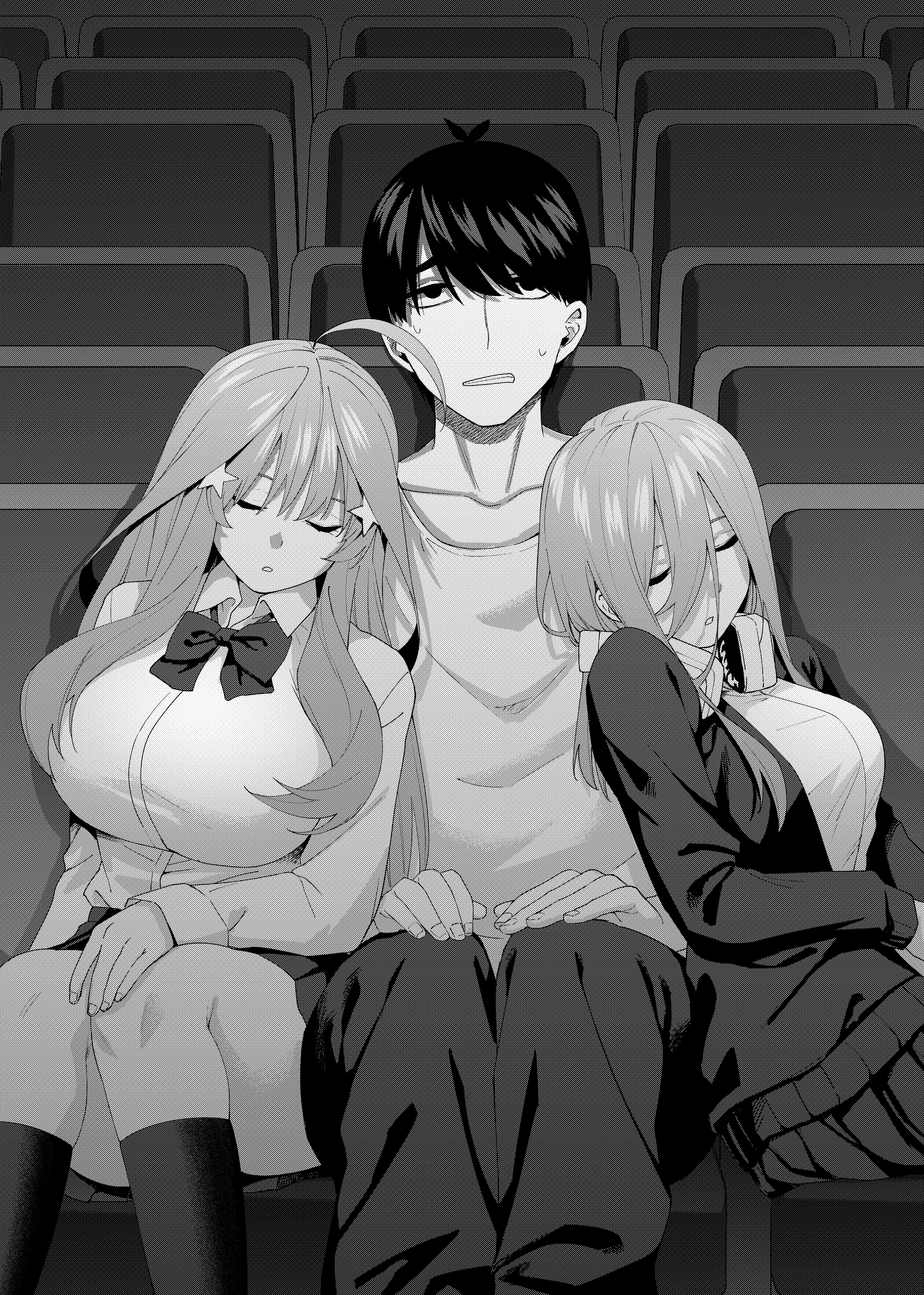 1boy 2girls absurdres blazer bow bowtie breasts commentary_request go-toubun_no_hanayome greyscale hair_between_eyes hair_ornament headphones headphones_around_neck highres jacket kneehighs kosmos_beta large_breasts leaning_on_person long_hair long_hair_between_eyes monochrome movie_theater multiple_girls nakano_itsuki nakano_miku shirt short_hair siblings sisters sitting skirt sleeping socks star_(symbol) star_hair_ornament sweatdrop theater_seating uesugi_fuutarou