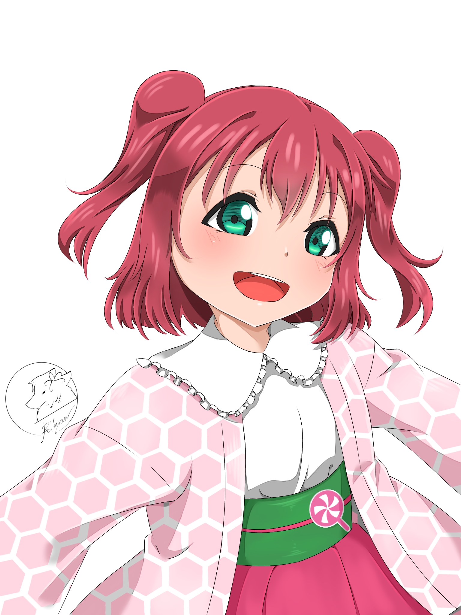 1girl aqua_eyes artist_name artist_request blush breasts corset dress_shirt female_focus green_eyes hair_between_eyes highres honeycomb_(pattern) honeycomb_pattern honeycomb_print jacket kurosawa_ruby looking_at_viewer love_live! love_live!_sunshine!! miniskirt outstretched_arms parted_lips pink_jacket plaid_clothes plaid_skirt pleated pleated_skirt red_hair red_skirt sash shirt short_hair skirt smile solo twintails two_side_up white_background white_shirt