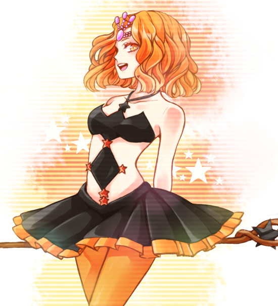 1girl arichel arms_behind_back bad_id bad_pixiv_id bare_shoulders bishoujo_senshi_sailor_moon bishoujo_senshi_sailor_moon_s circlet female_focus halterneck matching_hair/eyes mimete_(sailor_moon) orange_eyes orange_hair pantyhose pleated_skirt short_hair skirt solo staff star_(symbol) star_symbol_background