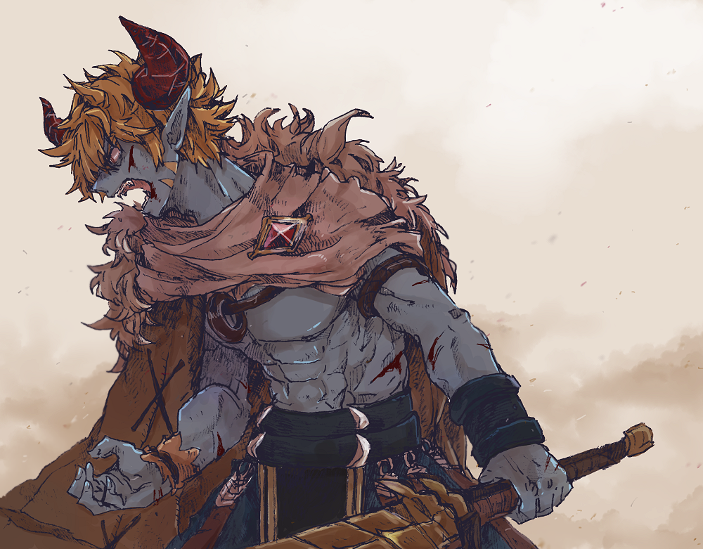 1boy abs angry another_eden armlet belt black_belt bleeding blonde_hair blood blood_on_arm blood_on_face blue_skin bracer brown_cape cape colored_skin commentary_request cowboy_shot crystal cuts debris demon_boy demon_horns facial_mark fangs fighting_stance from_side fur-trimmed_cape fur_trim gem guildna_(another_eden) hatching_(texture) holding holding_sword holding_weapon horns injury jewelry leaning_forward linear_hatching long_pointy_ears looking_ahead male_focus michibata_65 necklace no_shirt open_mouth pectorals pendant pointy_ears profile red_gemstone red_horns scar scar_on_arm short_hair shouting single_bracer single_wrist_cuff smoke solo standing strap sword teeth toned toned_male weapon wrist_cuffs