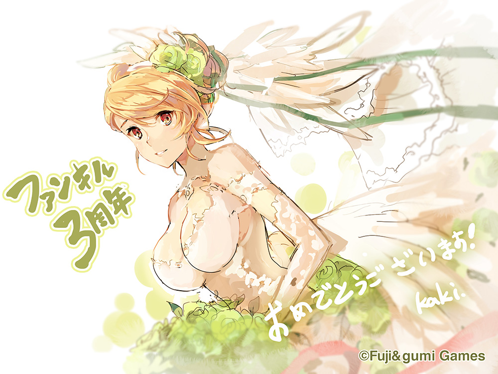 1girl alt_text anniversary artist_name blonde_hair bouquet commentary_request copyright_notice dress elbow_gloves eros_(phantom_of_the_kill) flower gloves green_flower hair_flower hair_ornament holding holding_bouquet kaki_(g-row) looking_at_viewer official_alternate_costume official_art parted_lips phantom_of_the_kill second-party_source signature smile solo wedding_dress white_dress white_gloves